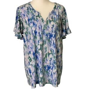 susan graver top short ruffled sleeve blue and green abstract v neck womens xl